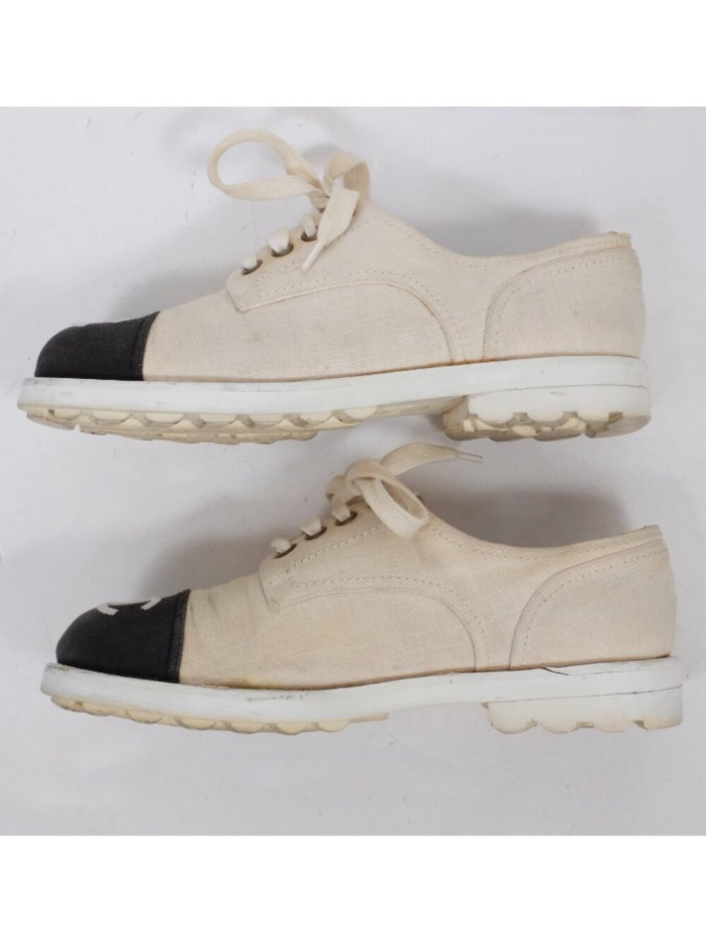 CHANEL shoes 38 US 8 lace up canvas CC logo toecap cream black - Picture 5 of 10